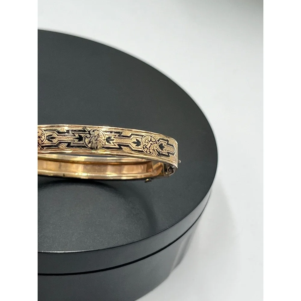 Antique Victorian Gold Filled Bracelet H&B PAT JULY 1874 Etched Floral Enamel
